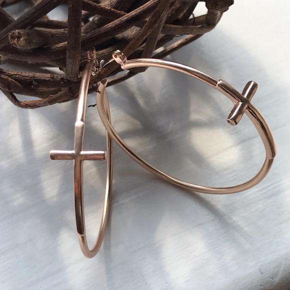 1 Left! Rose Gold Tone Hoop Earrings with Cross ✝️ - Picture 6 of 8